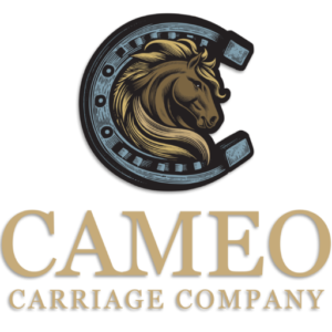 Cameo Carriage Company - Logo Horse head with long blonde mane inside the main circle off a horse shoe