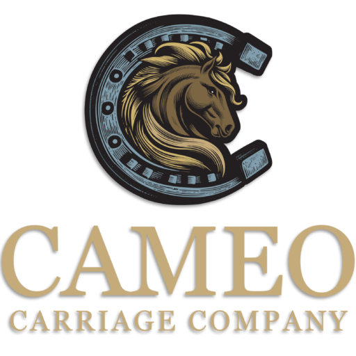 Cameo Carriage Company - Logo Horse head with long blonde mane inside the main circle off a horse shoe