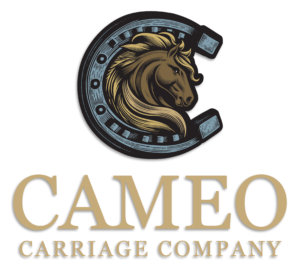Cameo Carriage Company - Logo Horse head with long blonde mane inside the main circle off a horse shoe